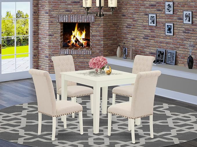 East West Furniture OXBR5-LWH-02 5 Piece Kitchen Table Set for 4 Includes a Square Dining Room Table and 4 Light Beige Linen Fabric Upholstered Parson Chairs, 36x36 Inch, Linen White