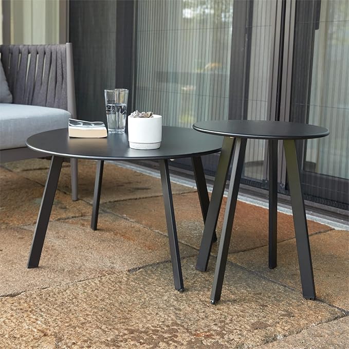 Patio Coffee Table Set of 2, Outdoor Weather Resistant End Table, Round Nesting Tables for Living Room Balcony Office,Black
