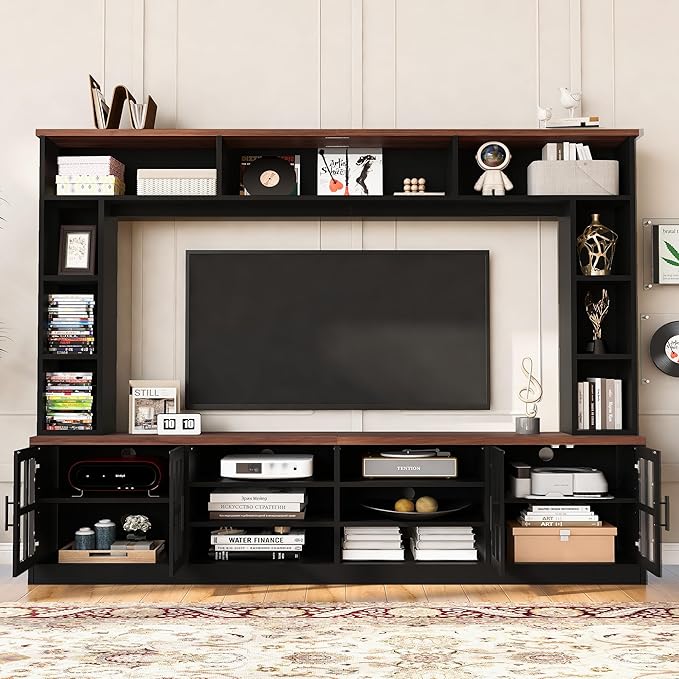 95.5" Wall Unit TV Stand Set with Bookshelves, Entertainment Center for Televisions Up to 80", Large Media Console with Cabinets and Tempered Glass Doors for Living Room