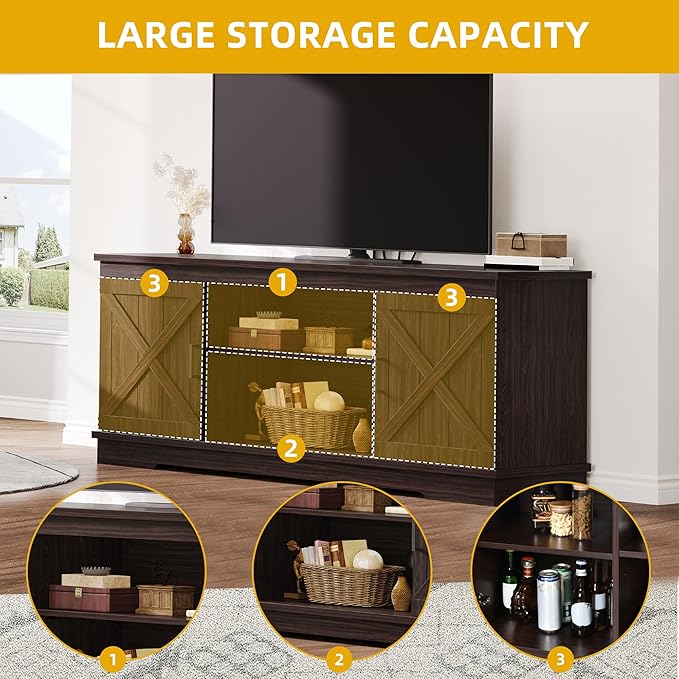 DWVO Farmhouse TV Stands for Living Room, Entertainment Center with Storage, TV Stand for 65 Inch TV with Double Barn Doors & Storage Cabinets, Rustic TV Cabinet Media Console, Espresso