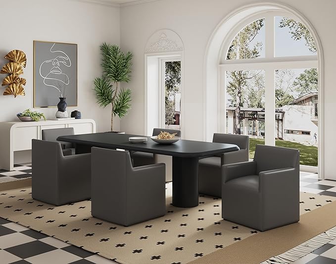 Manhattan Comfort Anna Square Modern Dining Chair with Arms, Head-to-Toe Faux Leather Upholstered Accent Armchair with Plastic Foot Padding, Set of 1, Pewter