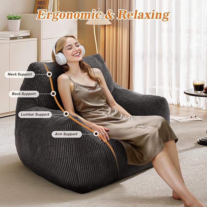 Big Bean Bag Chair for Adults & Kids, Ultra Soft Living Room Bean Bag with Armrests & Ottoman, Stuffed BeanBag Floor Sofa for Napping, Gaming, Lounging, Dark Gray