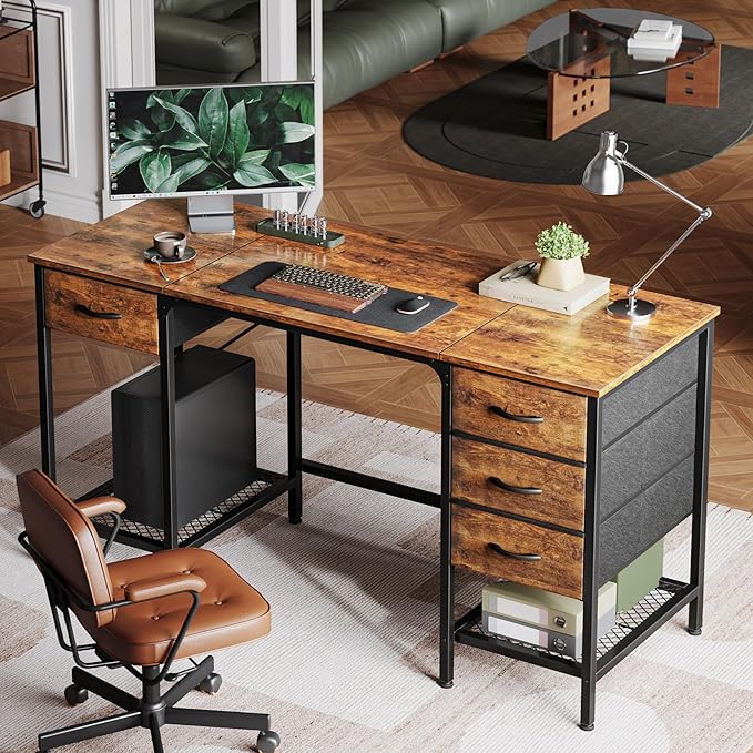 Huuger 55 Inch Computer Desk with 4 Drawers, Office Desk with Mesh Shelf, Gaming Desk, Large Storage, Writing Desk Work Desk for Home Office, Study, Bedroom, Work from Home, Rustic Brown