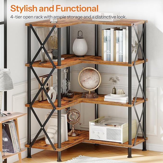HOOBRO Corner Bookshelf, 4-Tier L-Shaped Bookcase, Industrial Open Display Shelf Tall Storage Organizer, Vertical Storage Rack, for Living Room, Home Office, Rustic Brown and Black BF59SJ01