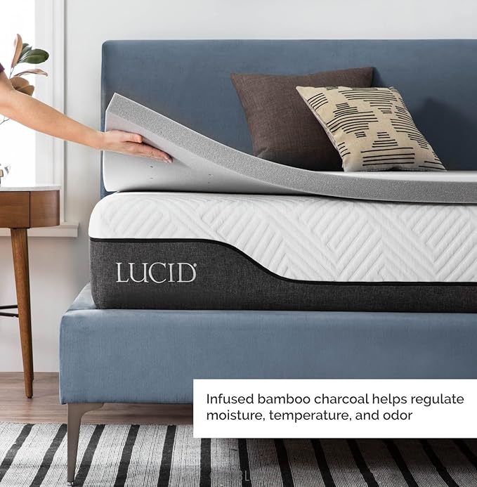 Lucid 2 Inch Ventilated Bamboo Charcoal Memory Foam Mattress Topper - Twin XL Mattress Topper