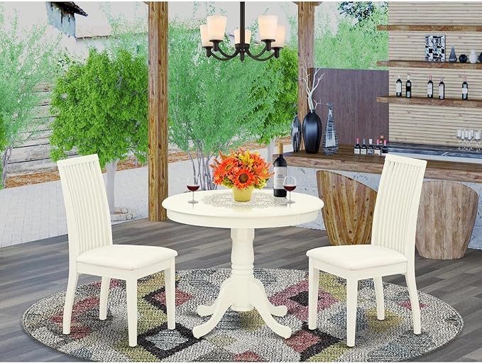 East West Furniture ANIP3-LWH-C 3 Piece Kitchen Table Set for Small Spaces Contains a Round Dining Table with Pedestal and 2 Linen Fabric Dining Room Chairs, 36x36 Inch, Linen White