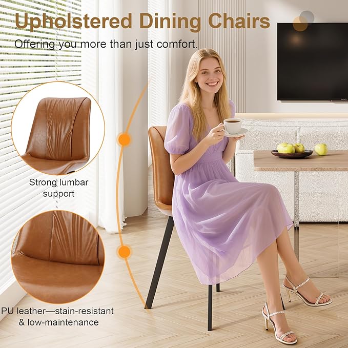 Upholstered Dining Chairs Set of 4, Modern Kitchen & Dining Room Chairs, Faux Leather, Sturdy Metal Legs, for Living Room, Cafe & Restaurant- Brown