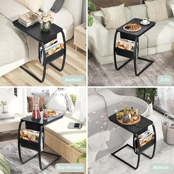 SRIWATANA Side End Tables Living Room, Vintage C-Shaped Laptop Table for Couch, Snack Table with Side Pocket, Black