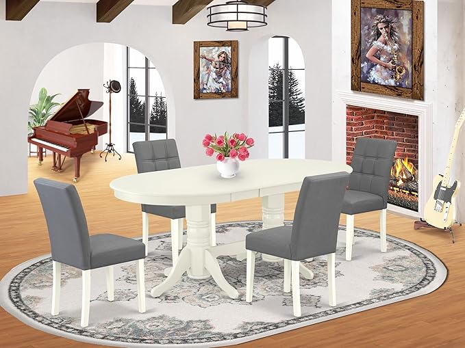 East West Furniture VAAS5-LWH-41 5 Piece Dining Table Set consists A Modern Dinner Table and 4 Platinum Gray Polyester Fabric Mid-Century Chairs with Stylish Back- Linen White Finish