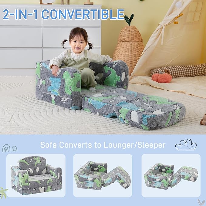 Thick Comfy Toddler Chair and Couch for Kids,2-in-1 Soft Plush Fold Out Sofa for Children,Convertible Couch to Lounger for Toddler