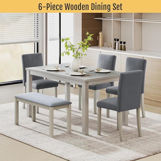 6-Piece Solid Wood Dining Table Set, Including 1 Dining Table, 4 Upholstered Chairs and 1 Bench, Wooden Dining Table Set with Crystal Decoration for Kitchen, Dining Room, Silver Grey