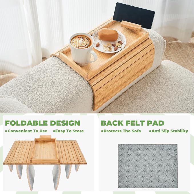 Bamboo Sofa Arm Tray, Anti Falling Couch Arm Tray Armrest Table with 360° Rotating Phone Holder, Foldable and Portable Sofa Armrest Trays Cup Holder for Drink,Cups, Phone, Snacks, Remote