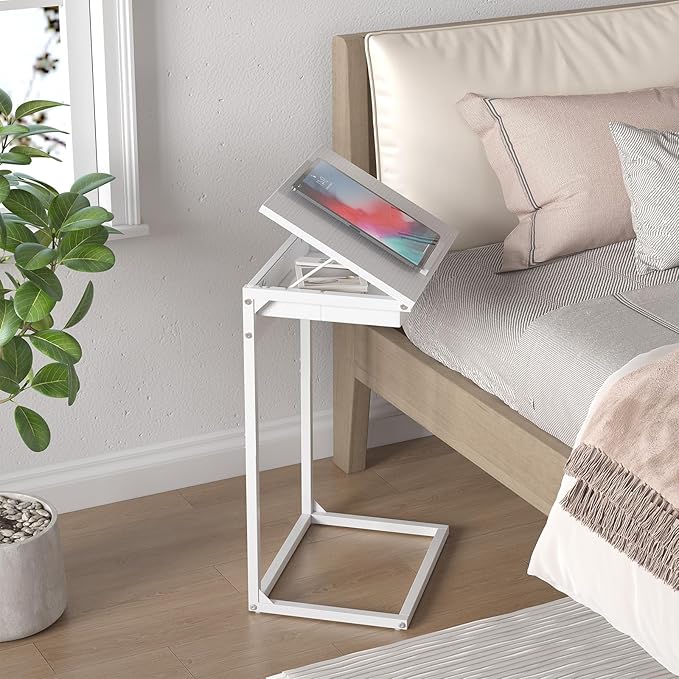 C Shaped End Table with Charging Station, 45° Tiltable Adjustable Flip Top Side Table with Storage,Small C Table for Small Spaces,Slide Under Couch Sofa Bedside Table for Living Room,White