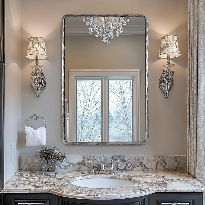 ANDY STAR Hand-Forged Silver Bathroom Mirrors for Wall, 22x30 Inch Vintage Solid Steel Metal Frame Bathroom Vanity Mirror, Antique Rounded Rectangle Wall Mirror, Hangs Horizontally or Vertically