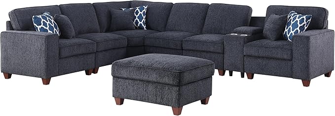 127" L-Shaped Sectional Couch with Movable Ottoman&6 Throw Pillows,7 Seat Chenille Upholstered Sofa W/2 Cup Holder,USB Port&Hidden Storage Box,DIY Combination,for Living Room,Apartment,Dark Gray