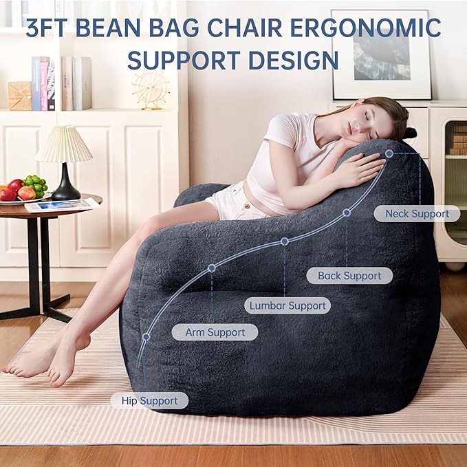 Blue Bean Bag Chair Ultra-Soft Faux Fur Large Bean Bag Couch - Plush Memory Foam BeanBag Chair with Filling, Bedroom Comfy Chair for Adults, Teens, Kids (Blue)