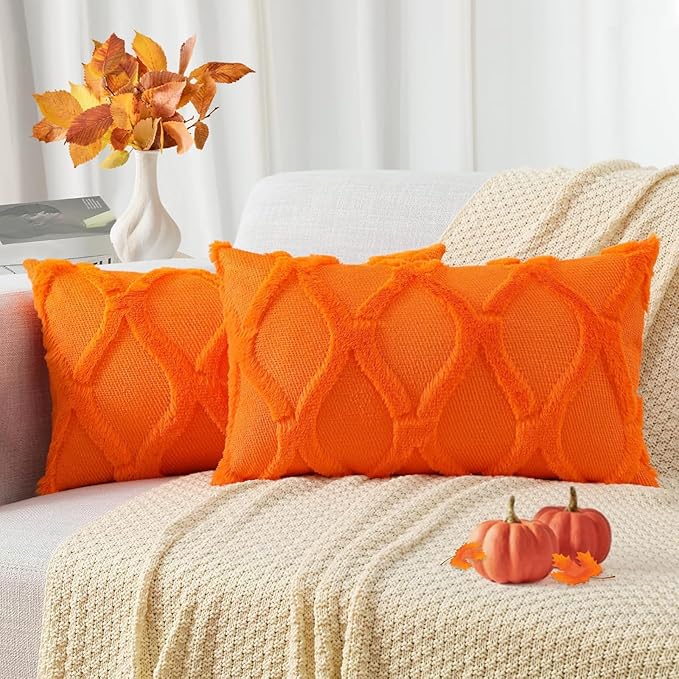 decorUhome Fall Throw Pillow Covers 12x20 Inch Set of 2, Soft Plush Faux Fur Wool Lumbar Orange Couch Pillow Covers, Decorative Neutral Pillow Cases for Bed Sofa Living Room Home Decor