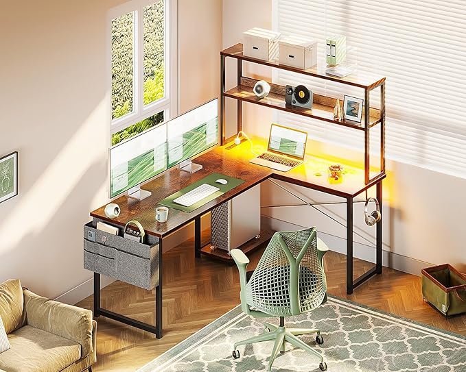 Casaottima Gaming Desk with Power Outlets & LED Lights, 53 Inch Reversible L Shaped Computer Desk with Shelves & Storage Bag, Corner Desk for Home Office, Vintage