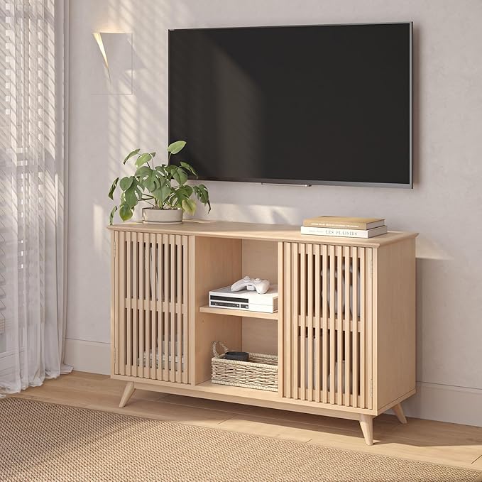 Plank+Beam Mid-Century Modern Wood TV Stand, Solid Wood Entertainment Console with Storage, 49" L x 16" W x 30" H, Blonde