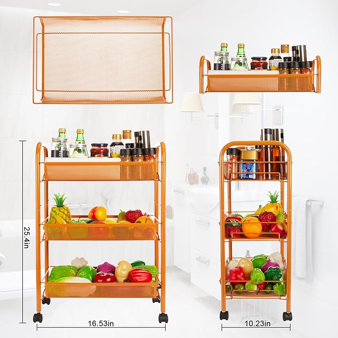 3-Tier Metal Rolling Cart, Storage Shelf with Lockable Caster Wheels, Mobile Storage Cart Used for Kitchen, Bathroom, Livingroom(Orange)