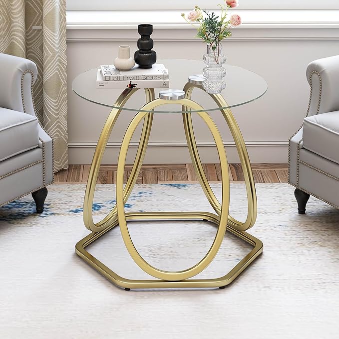 O&K FURNITURE Gold Modern Round Glass End Table with Hexagonal Base for Home & Office, 1 PC