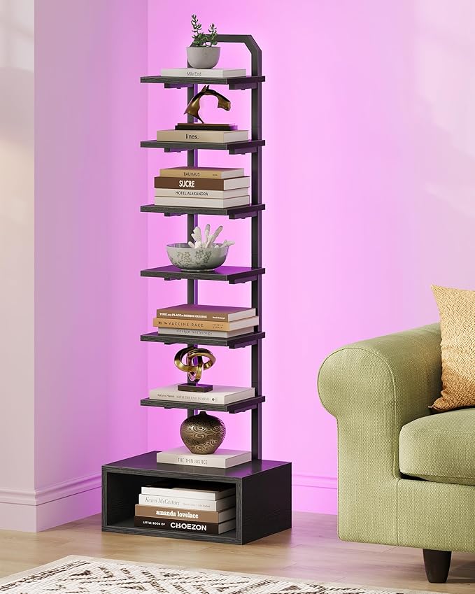 8-Tier Bookshelf, LED Bookcase with Semi-Open Bottom, Small Space Standing Shelf with Lights, Corner Storage Stand, for Living Room, Home Office, Bedroom, Black TSJ08DBB
