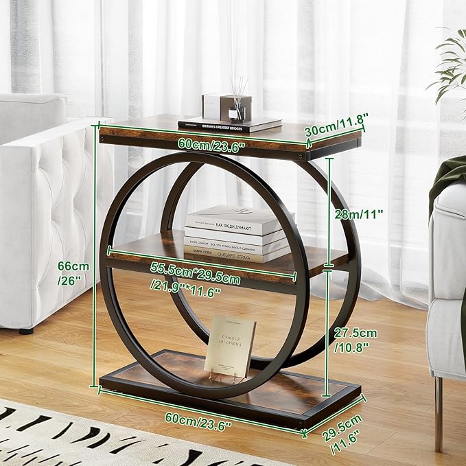IBUYKE Narrow End Table with 3 Storage Shelves, Industrial Sofa Side Table, Double Round Metal Frames, Slim Nightstand and Bedside Table for Bedroom, Living Room, Rustic Brown UTMJ418H