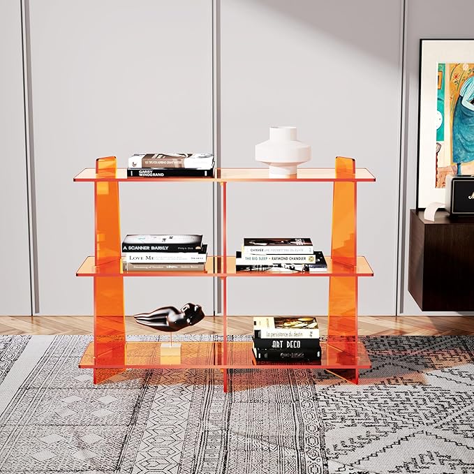 Acrylic Bookshelf, Small 3 Tier Open Bookcase for Small Spaces,Sofa Table, Hallway Entry Table for Home Living Room (Orange, 39.4'' x 11.8'' x 31.5'')