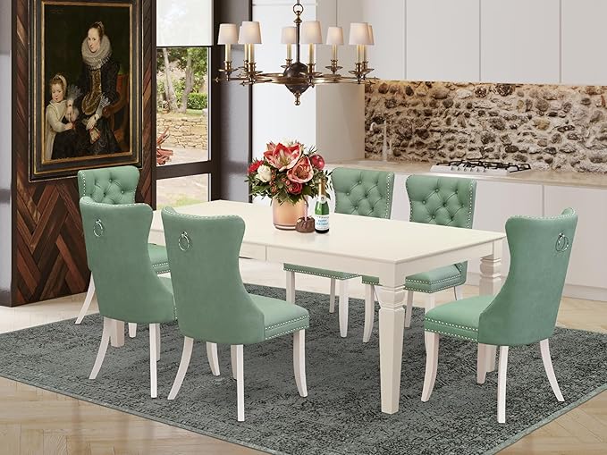 East West Furniture LGDA7-LWH-22 7 Piece Dining Table Set Contains a Rectangle Kitchen Table with Butterfly Leaf and 6 Polyester Fabric Chairs, linen white
