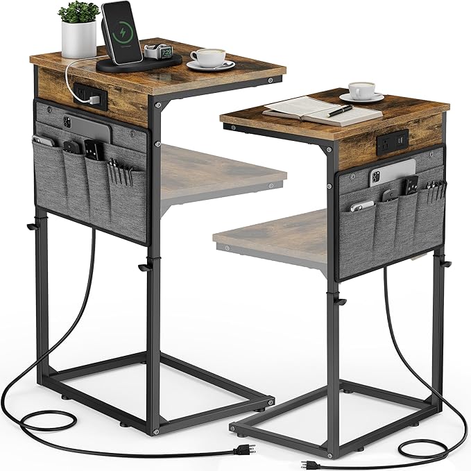 Vagusicc C-Shaped End Table Set of 2 with Charging Station, Small Side Table for Couch, Adjustable Height Couch Side Table, Slide Under Sofa Table TV Tray Tables for Living Room,Bedroom,Bedside, Brown
