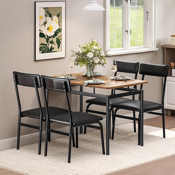 IDEALHOUSE 5 Piece Dining Room Table Set, Kitchen Table Set for 4 with Brown Wooden Grain Kitchen Table and 4 PU Upholstered Metal Chairs, Dining Room Set for Small Space,Home Dinner(4 Black Chairs)