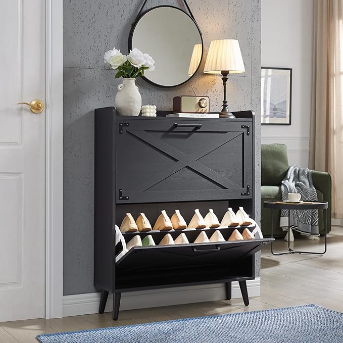 Shoe Storage Cabinet, Farmhouse Shoe Organizer with 2 Flip Drawers & Barn Door Design, Freestanding Hidden Slim Narrow Shoe Rack Cabinet for Entryway, Foyer, Hallway, Black