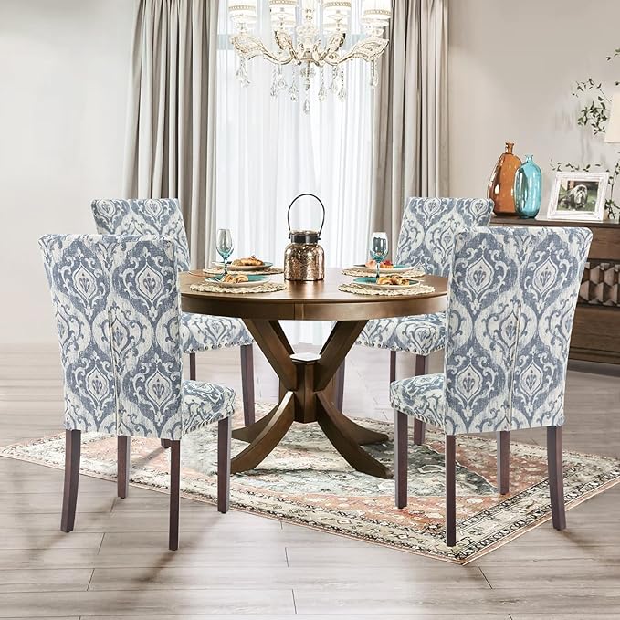 Parsons Dining Chairs Set of 2, Upholstered Nailhead Dining Room Kitchen Side Chair with Thick Cushions and Wood Legs, White/Blue