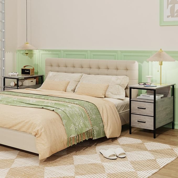 End Table with Charging Station, Narrow Side Table with 2 Fabric Drawer & Storage Shelf, USB Ports & Power Outlets, Narrow Nightstand for Bedroom Living Room Small Spaces, Greige