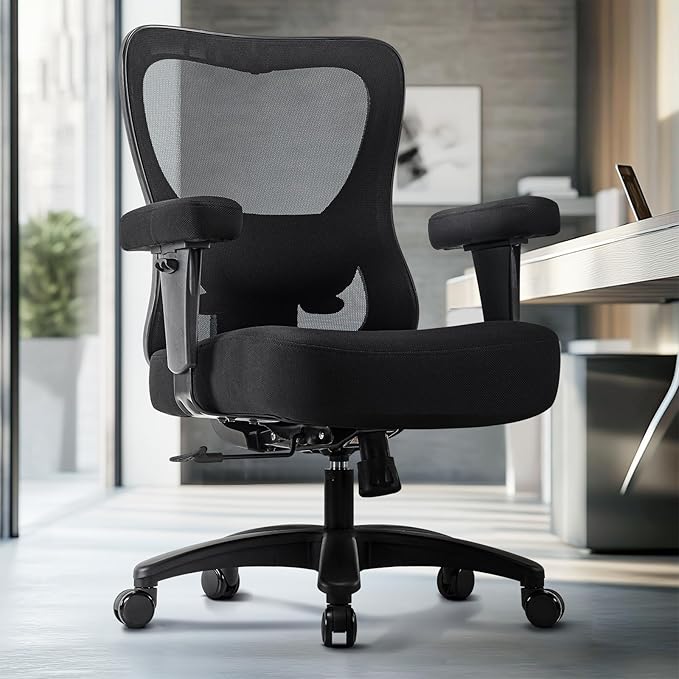 Big and Wide Office Chair 500lbs，Ergonomic Desk Chair with 4 Way Adjustable Lumbar Support, Thicker Seat Cushion, 2D Armrest, Rocking Function, Stable Comfy Computer Mesh Chairs, Black