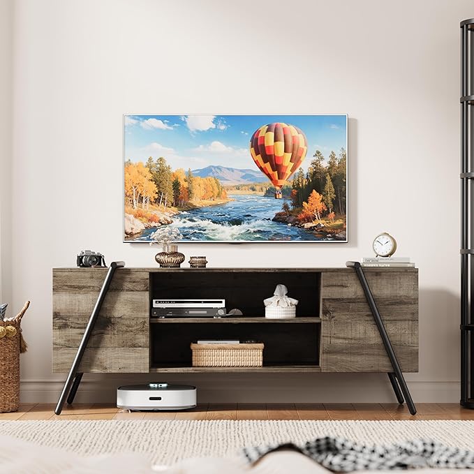 TV Stand for 65 60 55 50 Inch TV, 55" Mid Century Modern Entertainment Center with Adjustable Open Shelves & Metal Legs, Industrial Media Console Table for Living Room, Oak
