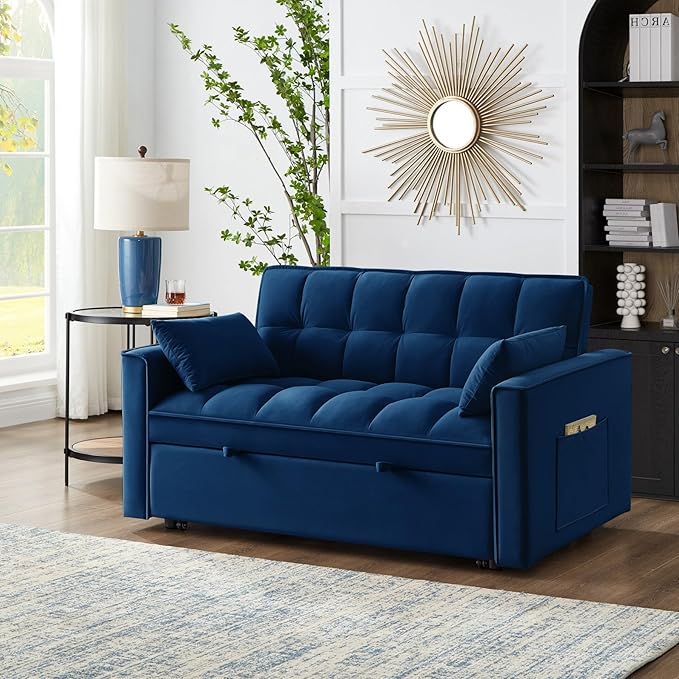 KEIKI Velvet Loveseat Convertible Sofa Bed Sleeper Chair with Adjustable Backrest, Pillows & Storage Pockets, 3 in 1 Pull-Out Couch Chaise Lounge Recliner for Living Room Balcony Bedroom, Navy