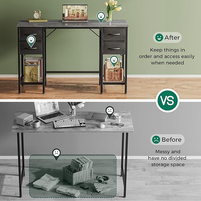 Huuger 47 Inch Computer Desk with 4 Drawers, Office Desk with Mesh Shelf, Gaming Desk, Large Storage, Writing Work Desk for Home Office, Study, Bedroom, Work from Home, Grey