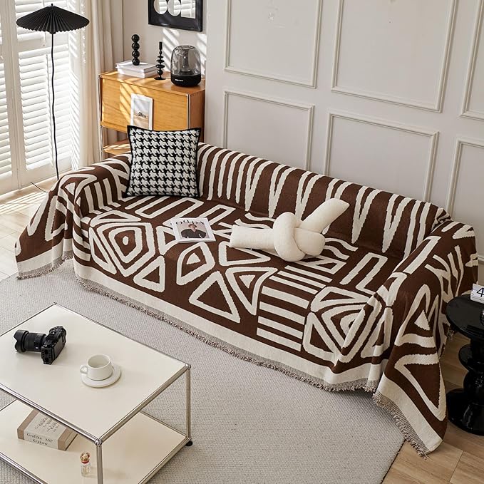 STACYPIK Soft Breathable Boho Chocolate Sofa Cover Stain Resistant Furniture Protector for 3 Cushion Couch Washable Sofa Cover for Dogs Cats Dark Khaki Reversible Sectional Covers for Sofa-91X118IN