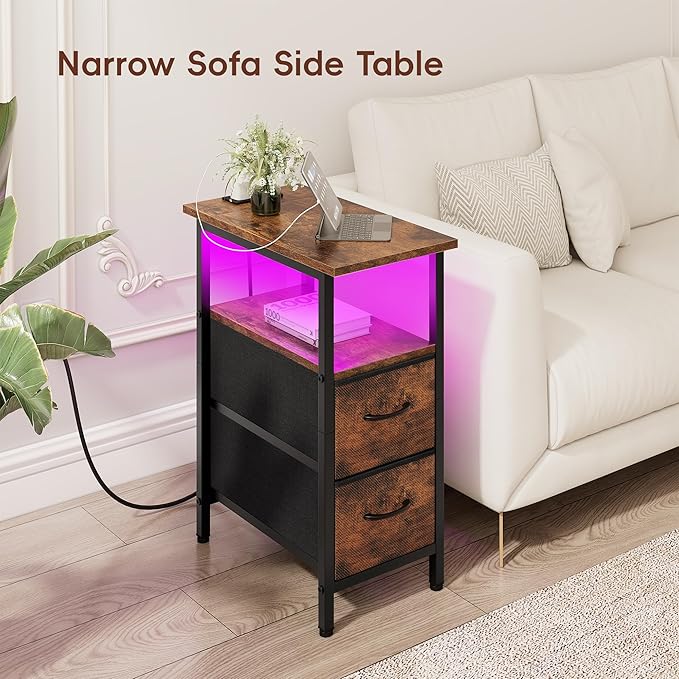 Vagusicc Set of 2 Nightstand with Charging Station and LED Lights, Narrow Side Table, LED Night Stand with 2 Fabric Drawers, Bedside Table Small End Table, Tall Nightstand for Bedroom, Rustic Brown