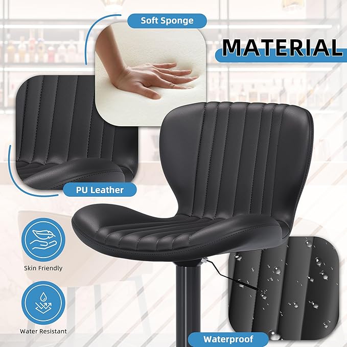Shintenchi Bar Stools Set of 6 Modern Swivel Bar Chairs, Counter Height Faux Leather Metal Barstools, Upholstered Island Chairs with Back and Footrest, Black