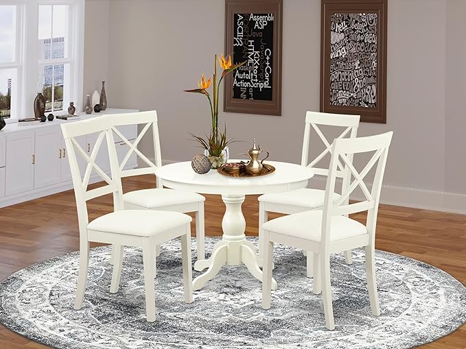 East West Furniture HBBO5-LWH-C 5 Piece Modern Dining Table Set Includes a Round Wooden Table with Pedestal and 4 Linen Fabric Kitchen Dining Chairs, 42x42 Inch, Linen White