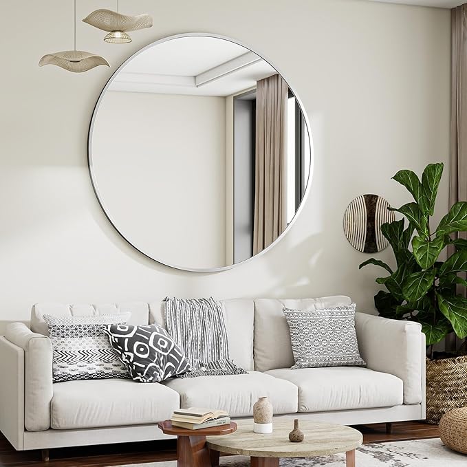 Black Round Bathroom Mirror, 42 inch Large Circle Wall Mounted Hanging Mirror with Simple Modern Circular Metal Frame for Hallway, Entryway, Living Room, Silver Frame