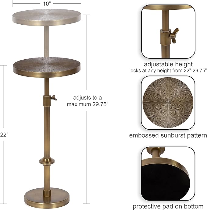 Kate and Laurel Engles Traditional Adjustable-Height Pedestal Drink Table; 10 x 10 x 30; Antique Brass; Vintage Round Indoor Metal Plant Stand with Embossed Sunburst Pattern