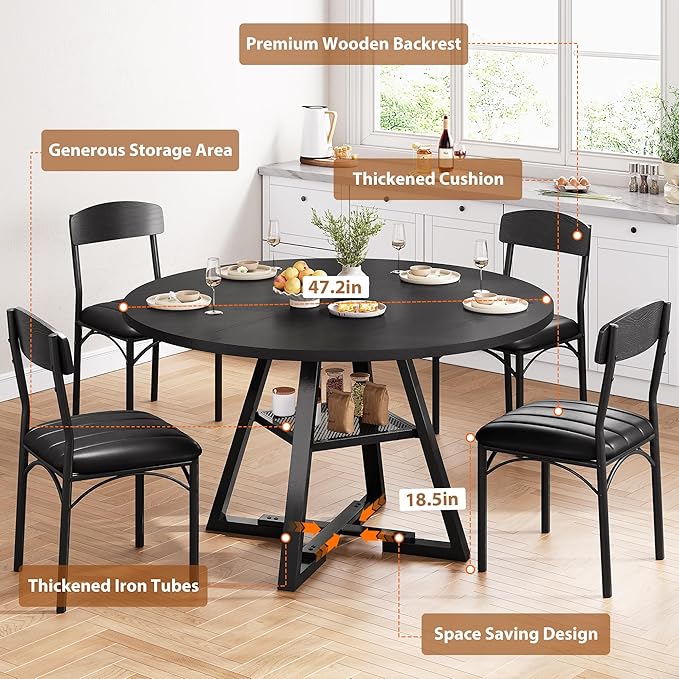 Round Dining Table Set for 4, Kitchen Table and Chairs for 4, Circle Table Round Pedestal Dining Room Dinner Dinette Table Set,5 Piece Space Saving Wood Kitchen & Dining Room Tables (Black, 47In)
