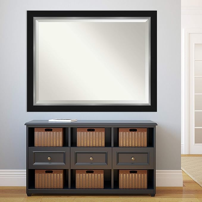 Amanti Art Black Bathroom Mirror for Over Sink, 36x46 Eva Black Silver Rectangle Vanity Mirror, X-Large Modern Contemporary Frame, Hangs Horizonally and Vertically, Bathroom Wall Decor, Beveled Edge