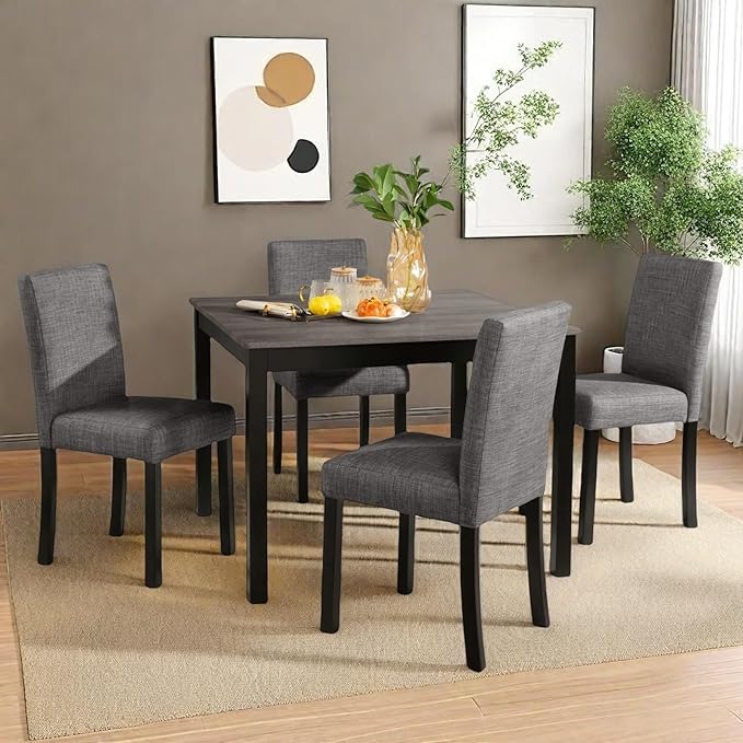 Dining Table Set for 4, 5-Piece Kitchen Table & Chairs Set with Square Wooden Table & 4 Upholstered Chairs, 29.8'' Dinner Set with Solid Wood Legs & Curved Backrest for Kitchen, Light Black