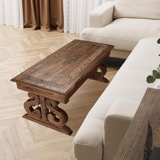 Lightnpro Handcrafted Mango Wood Rectangular Coffee Table - Vintage Rustic Living Room Center Table with Intricate Carving, Modern Farmhouse Style, Eco-Friendly Furniture - 40x18 Inch Burnt Finish