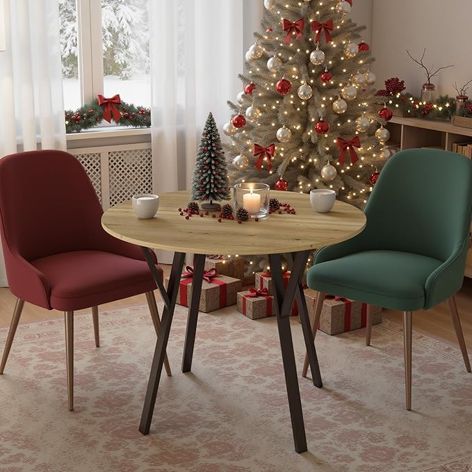 35" Round Dining Table for 4, Modern Small Circle Dinner Table Farmhouse Round Kitchen Tables with Metal Legs for Dining Room, Kitchen, Living Room, Light Brown & Black