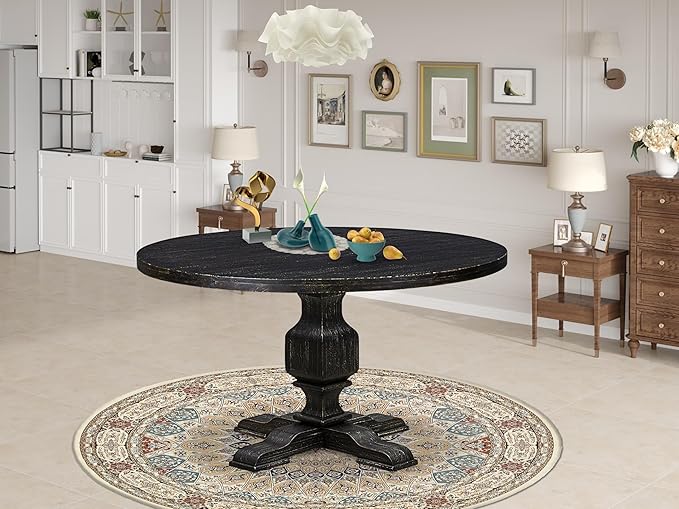 I53-11-TP Wooden Table with Acacia Wood Round Tabletop and Stylish Pedestal Base - Sand Blasted Black Finish